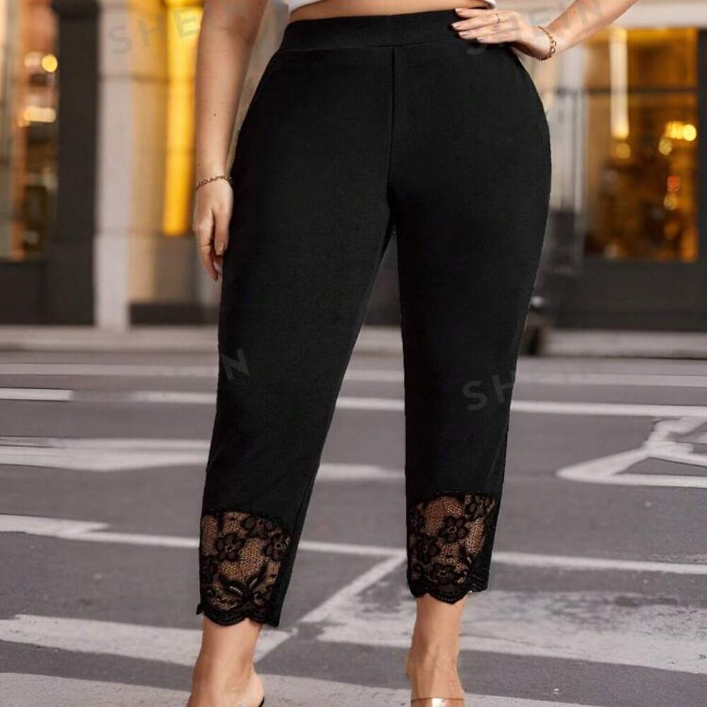 SHEIN 4XL Black High Waist Lace Panel Trim Dress Pants